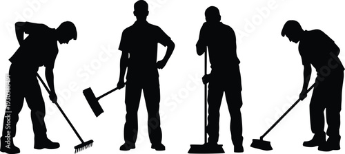 Black Silhouette Vector Set of Professional Janitors and Cleaning Staff Sweeping and Mopping Floors Isolated on White Background for Commercial Facility Management Services Design