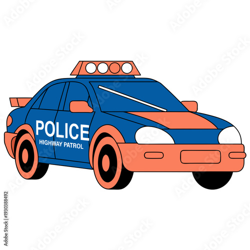 A blue and orange cartoon police car with lights on top