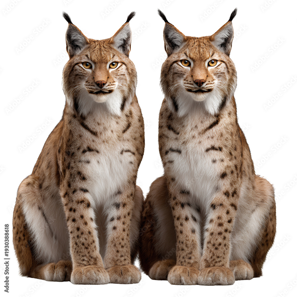 Fototapeta premium Twin Eurasian Lynx Wild Cats Sitting Isolated on Transparent Background High Resolution Wildlife Cutout