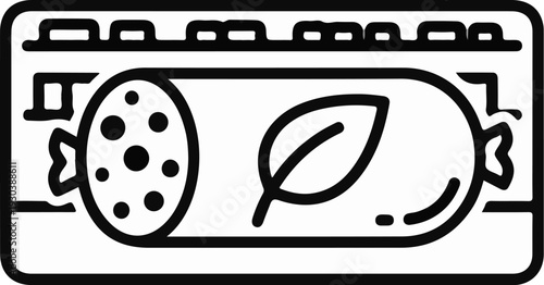 A minimalist icon of a sausage with a leaf inside a rectangular frame