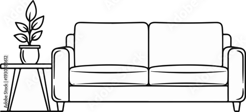 A minimalist line drawing of a sofa with a potted plant on a side table