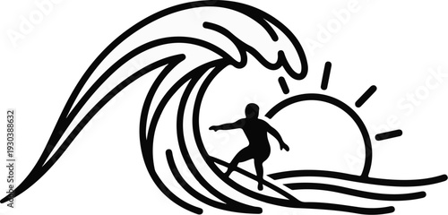 A silhouette of a surfer riding a wave with the sun in the background