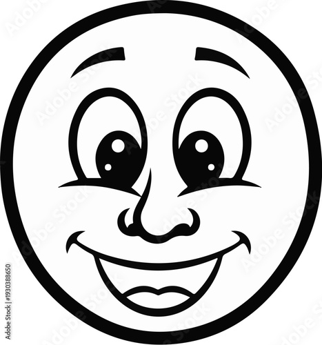 A simple black and white cartoon face with a wide smile and large eyes