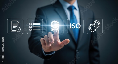 Businessman interacting with iso management system icons