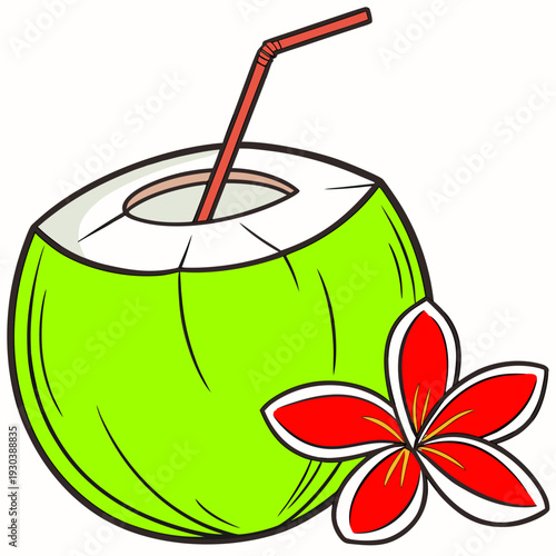 The coconut is topped with a red-and-white striped straw and is accompanied by a vibrant red frangipani (plumeria) flower at its base. The artwork uses bold black outlines and bright, flat colors.