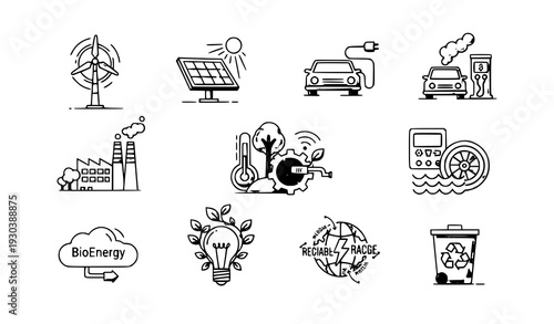 :
Sustainable technology and green innovation vector icons set for renewable energy, eco-friendly gadgets, smart systems, and modern UI designs
