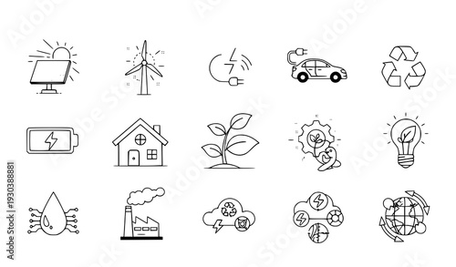 :
Green technology vector icon set with eco-friendly energy symbols, renewable power, sustainable development, and futuristic UI elements