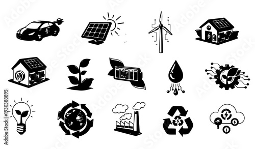 :
Futuristic green tech development vector icon set featuring renewable energy, eco innovation, smart systems, sustainable digital design