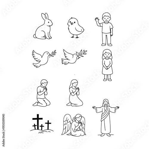 Illustrations of religious figures and symbols, including angels and crosses, depicted in a simple line art style, associated with the concept 16.eps