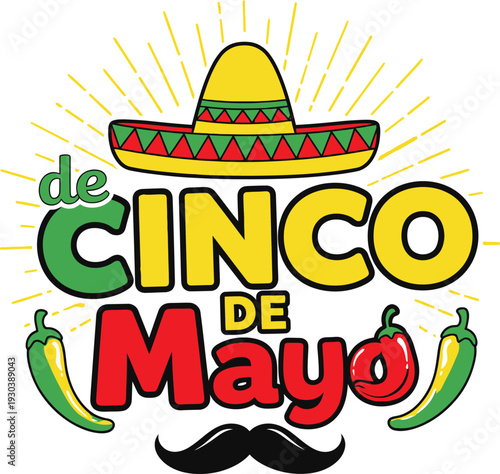 Cinco de Mayo celebration with sombrero chili peppers and mustache on transparent  background .