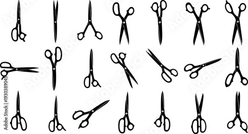 Set of black scissor silhouettes featuring various types of shears for tailoring hair cutting paper crafts office work and beauty,