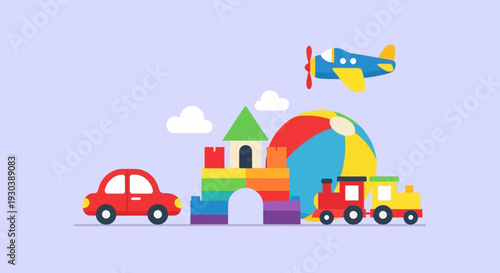 Colorful children's toys including a castle, train, car, and airplane.