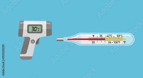 Digital thermometer and infrared thermometer side by side on blue background.