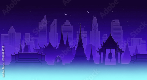 Silhouette of city skyline with temples and skyscrapers at dusk.