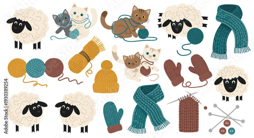 Adorable fluffy sheep and cute kittens playing with colorful yarn balls and knitting accessories for cozy winter crafting and handmade projects