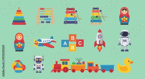 Colorful children's toys and educational icons on a green background.