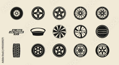 Collection of black and white car wheel designs and tire illustrations.