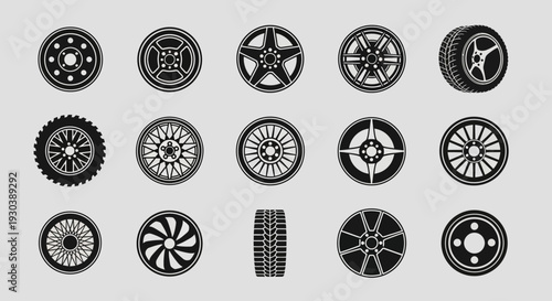 Collection of Various Black and White Wheel and Tire Designs.
