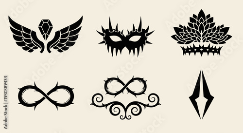 Collection of black tribal tattoo designs on beige background.
