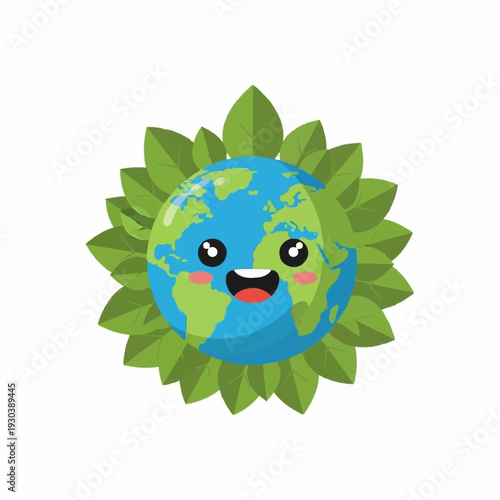 Cute cartoon Earth character with a happy face is surrounded by a lush wreath of green leaves symbolizing environmental care.