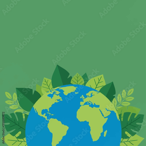 Stylized depiction of planet Earth rising above lush green tropical leaves emphasizes global environmental conservation and ecological themes.