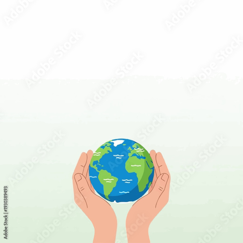 Two hands hold a labeled world map globe delicately against a pale green gradient background emphasizing global responsibility and learning.