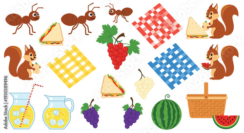 Cute cartoon squirrels and ants enjoying a summer picnic with sandwiches juice watermelon and grapes on checkered blankets