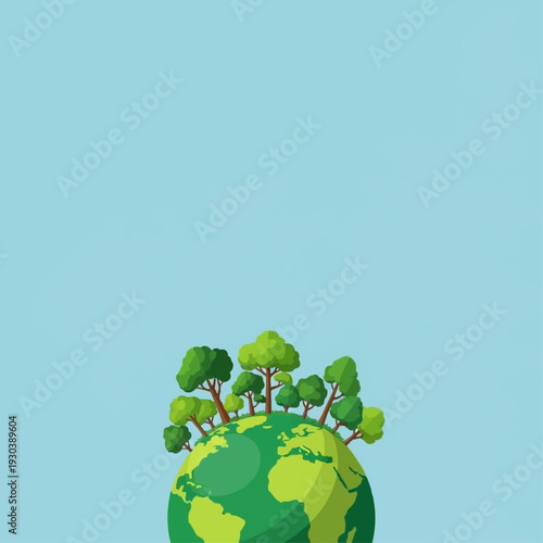 Tiny lush green planet Earth illustration symbolizes global ecology and environmental conservation efforts floating against a soft blue background.
