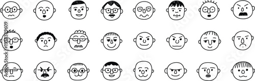 Collection of simple black and white cartoon faces, hand drawn character expressions, minimalist doodle avatars, vector style illustration set isolated