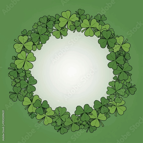 Lush wreath composed entirely of vibrant three-leaf shamrocks forms a circular frame around a bright central area perfect for St. Patrick's Day.