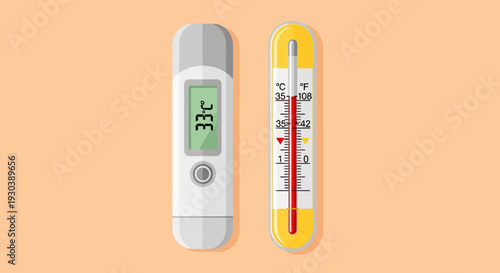 Digital and Mercury Thermometers for Measuring Body Temperature.