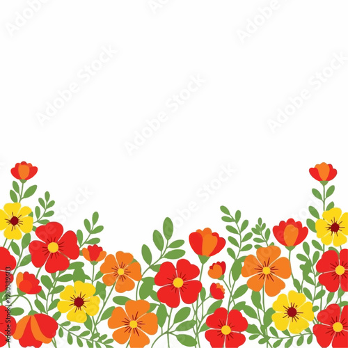 Vibrant border composed of red, orange, and yellow wildflowers with green foliage creates a cheerful decorative frame across the bottom of a white.