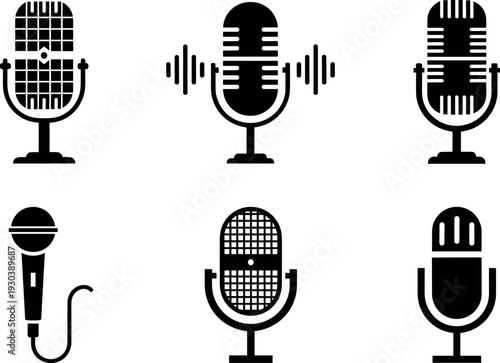 Microphone and Audio Recording Icon Set with Podcast, Voice, Broadcast, and Sound Equipment Symbols for Media Production, Streaming, and UI Design