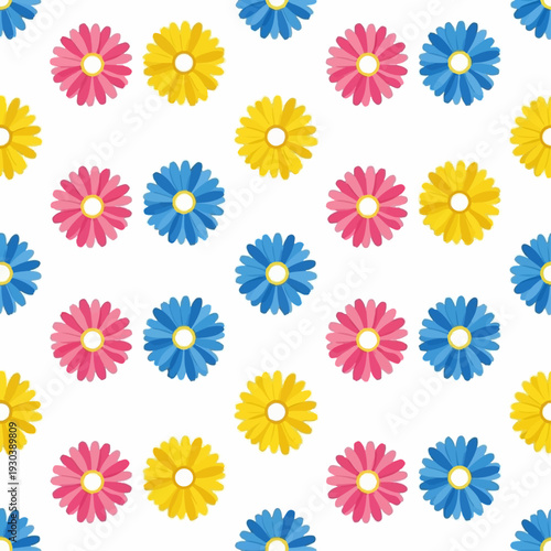 Seamless pattern background composed of brightly colored daisy-like flowers in pink, yellow, and blue repeating across a clean white surface for.