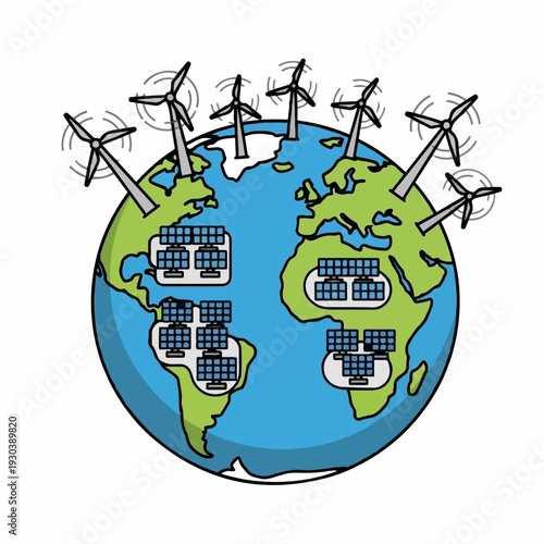 Globe representing global commitment to sustainable energy sources featuring numerous wind turbines and solar panel arrays deployed across.