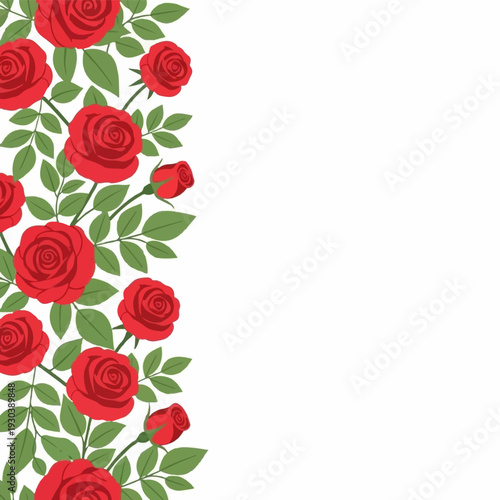Border pattern composed of detailed red roses and deep green leaves creates an elegant vertical frame against a white background for design.