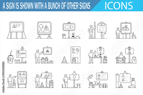 Direction and Signage Line Icon Set with People and Information Boards