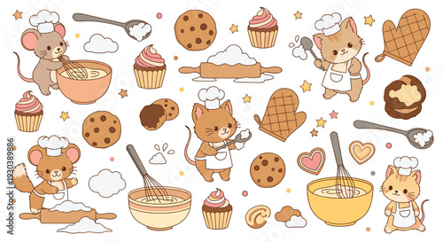 Cute cartoon cats and mice baking cookies and cupcakes with baking tools and ingredients on a white background