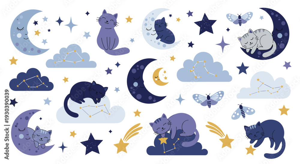 Naklejka premium Enchanting Celestial Nightscape Featuring Adorable Cats Amongst Stars Moons and Clouds