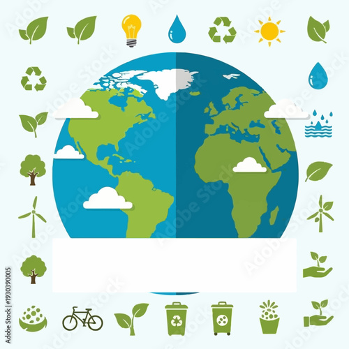 Set of diverse ecological icons surrounds a central flat design Earth graphic offering space for environmental messaging.