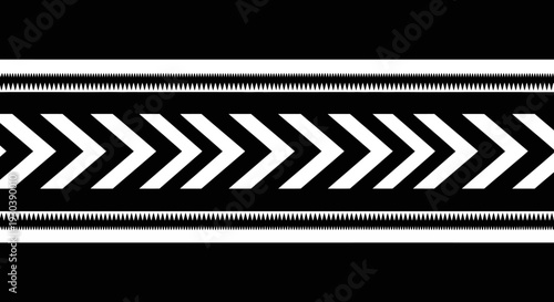 Black and white abstract geometric pattern with chevrons and stripes.