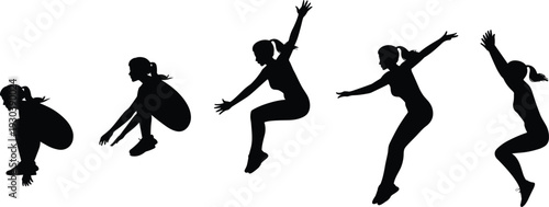 Black silhouettes of a woman performing a long jump or athletic leap sequence isolated on white background representing sports movement power agility and fitness