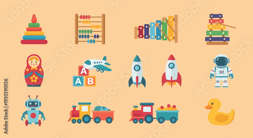 Colorful children's toys and educational materials in a playful arrangement.