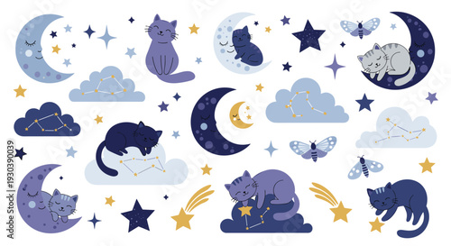Enchanting Celestial Nightscape Featuring Adorable Cats Amongst Stars Moons and Clouds