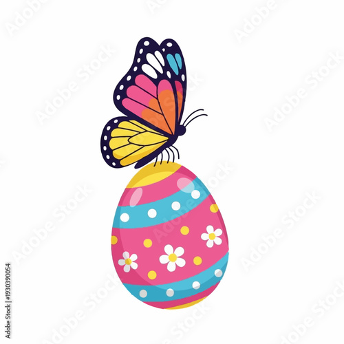Colorful butterfly rests gently upon a decorative, brightly striped Easter egg illustration against a white background.