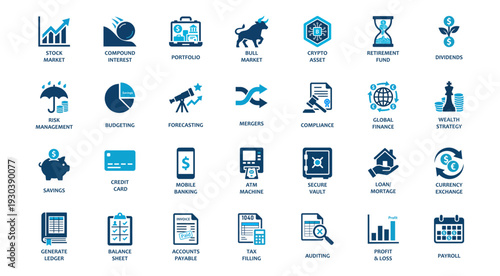 Financial investment and business management icon set featuring flat vector pictograms for stock market analysis, banking services, global finance, and professional accounting reports.