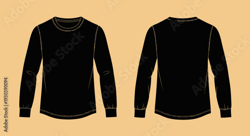 Black long-sleeved shirt template front and back view.