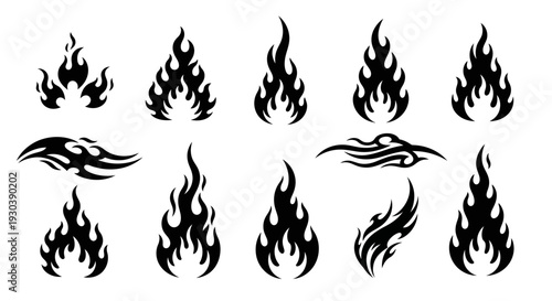 Collection of various black flame designs on white background.