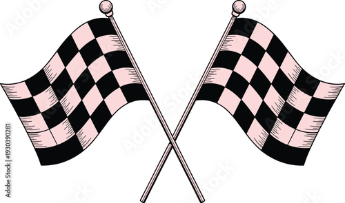 Two checkered flags crossed on poles racing flag finish line motorsport