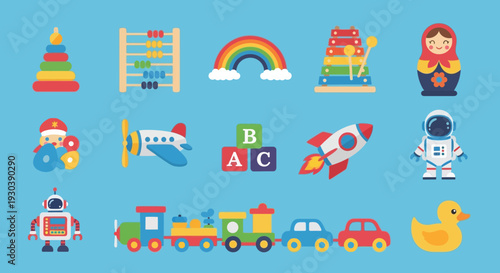 Colorful set of children's toys and educational icons on blue background.